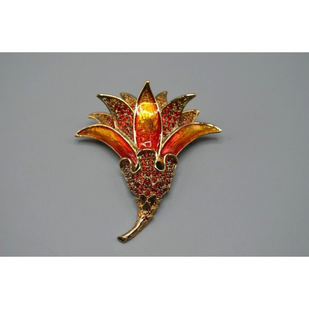 Orange Flower Brooch Enamel Red Crystal Bloom Pin Gold Tone 3.75" Layered